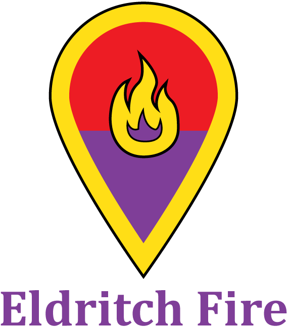 Pathfinder 1st edition heraldic guild crest on kite shield with guild name, Eldritch Fire: Party per fess gules and purpure a bordure or, a flame or charged with a luminous zone purpure