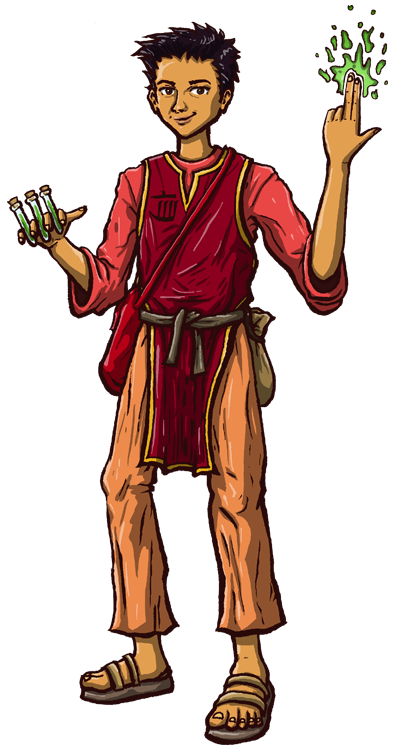 Pathfinder 1st edition alchemist holding vials and wielding magical fire, Tian-dan human, wearing red tunic with Irori symbol insignia